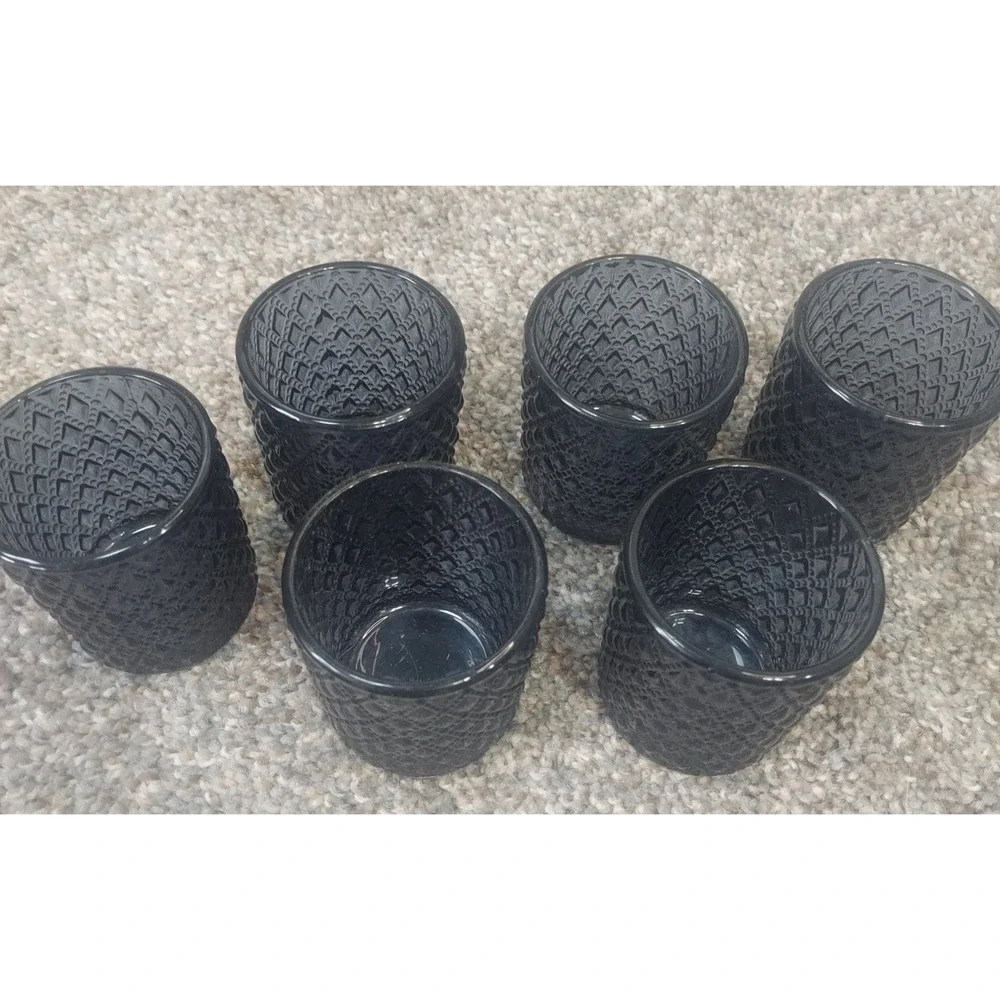 Set 6 Black Glass Votive Candle Holders Embossed Diamond Hobnail Tea Light‎ Cup